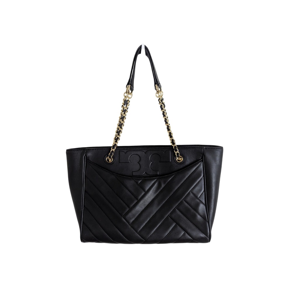 Tory Burch Alexa Chevron Stitch Tote Black Leather Gold Chain Shoulder Bag